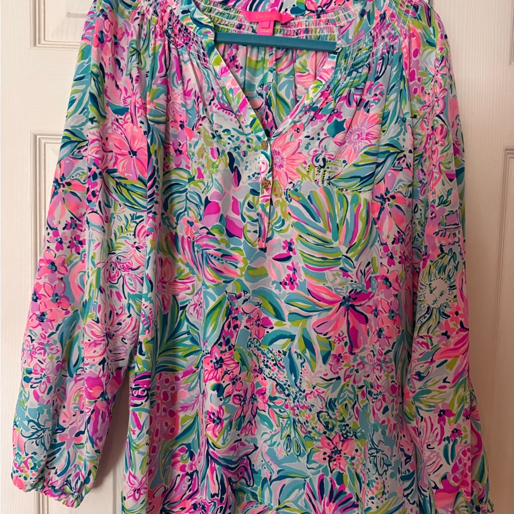 Lilly Pulitzer Pink and Green 3/4 Sleeve Polo Blouse